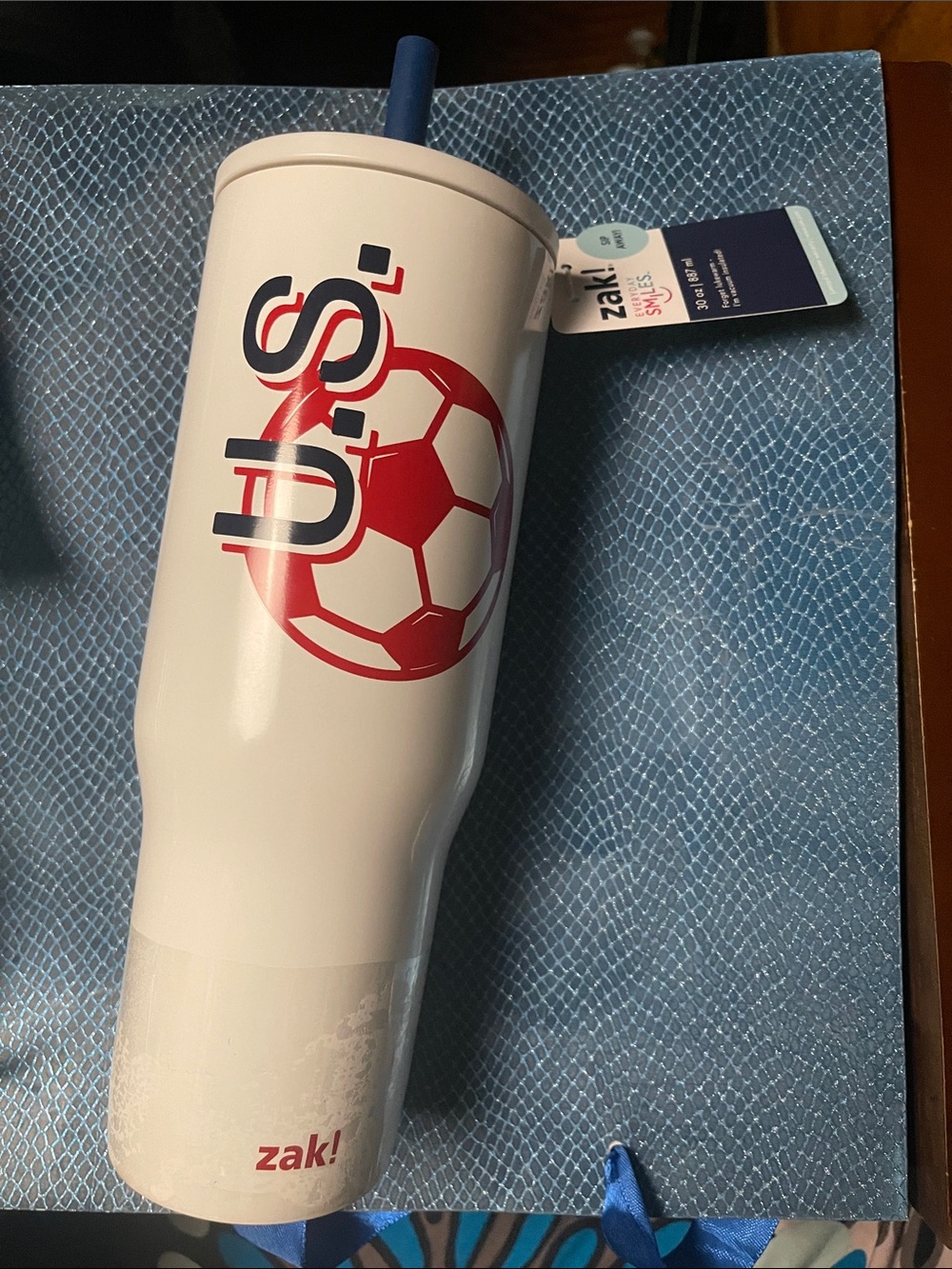 ZAK 30oz. White Travel Tumbler with Red USA Soccer Federation graphic & straw